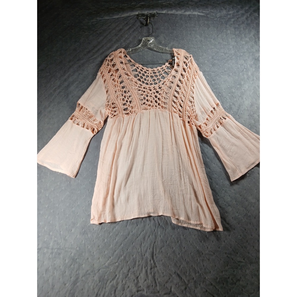 Forgotten Grace Peach Crochet Lace Boho Tunic Top Bell Sleeve Gauze XL